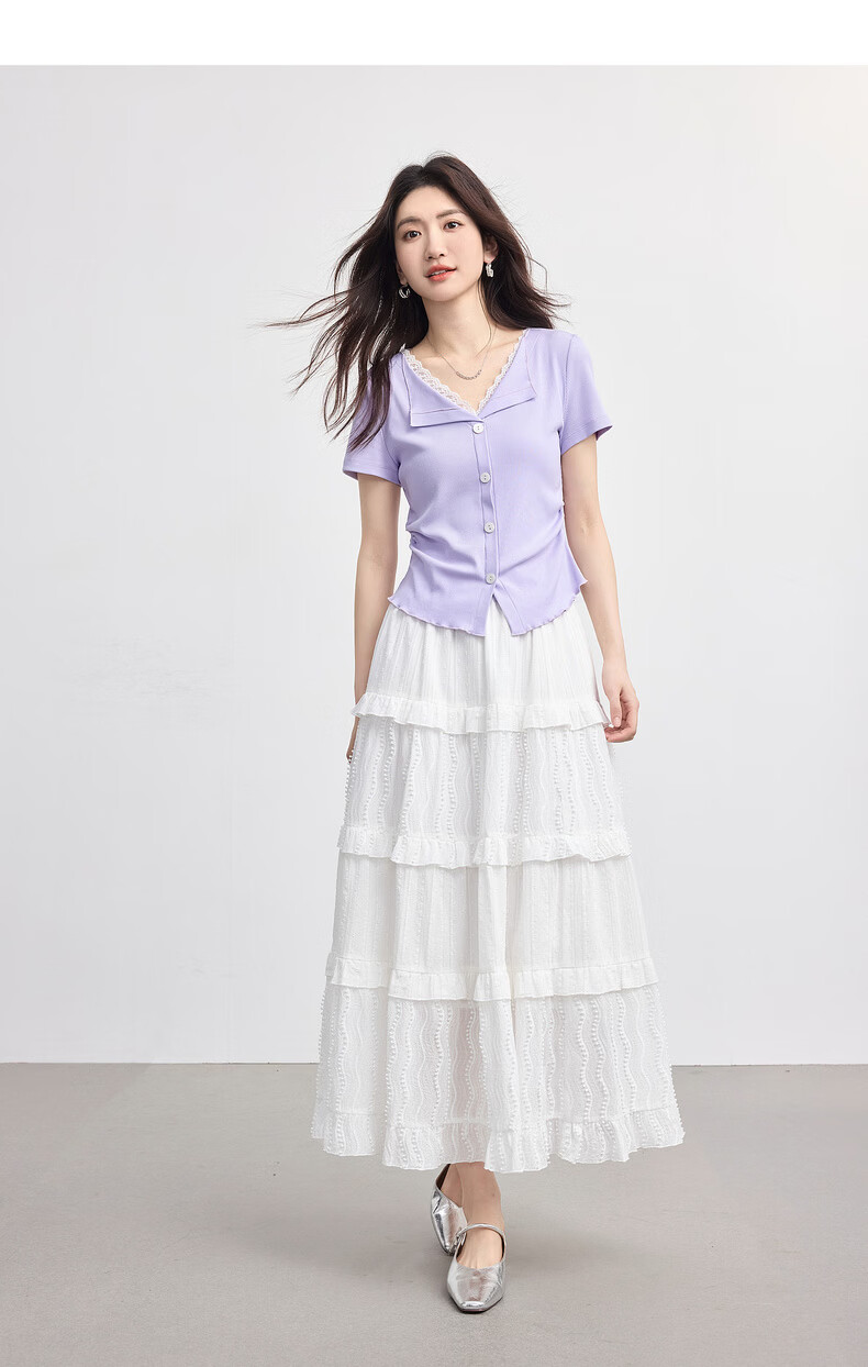 Sllsky Slow Style Lace Splice V-Neck T-Shirt Women Short Sleeve Fashionable Designer Top 2026 Summer New Arrival 14