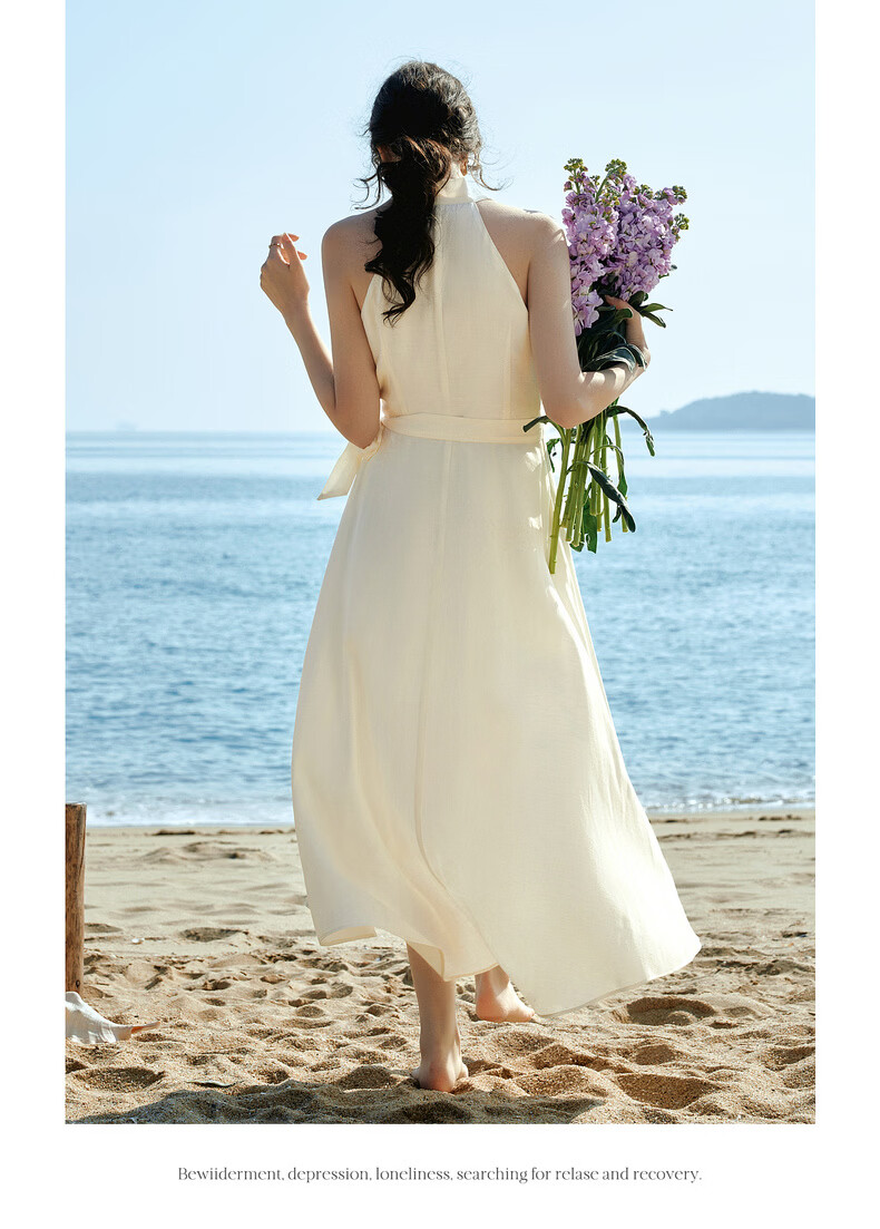 Olrain French Style Halter V-Neck Adjustable Waist Tie Mid-Length Dress for Women Summer Apricot M 11