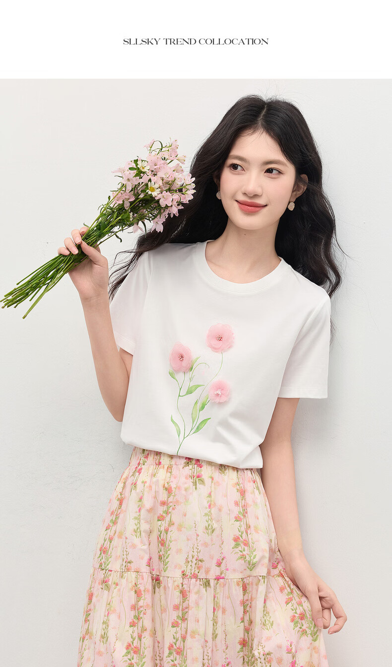 Sllsky Artistic 3D Floral Short Sleeve T-Shirt for Women 2026 Summer New Casual Loose Printed Cool Top 19