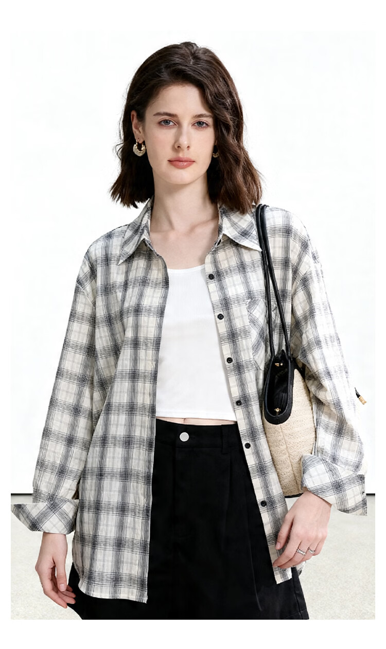 ENC Thin White Checkered Shirt Women Oversize Style 2026 Spring Summer Korean Loose Sun Protection Versatile Layering Top 8