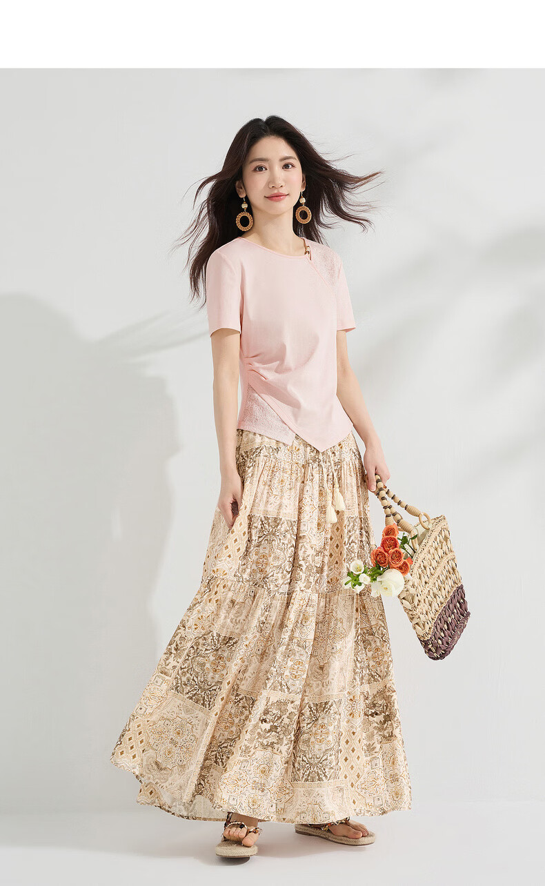 Shangdu Bila Gentle Elegant Cotton Blend T-Shirt Women Summer Beaded Round Neck Lace Splice Stretch Knit Short Sleeve Top 3
