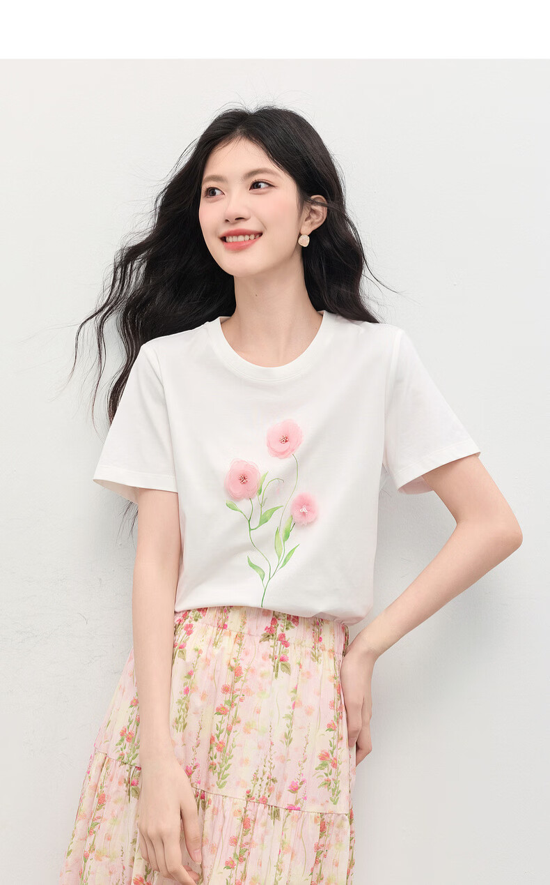 Sllsky Artistic 3D Floral Short Sleeve T-Shirt for Women 2026 Summer New Casual Loose Printed Cool Top 14