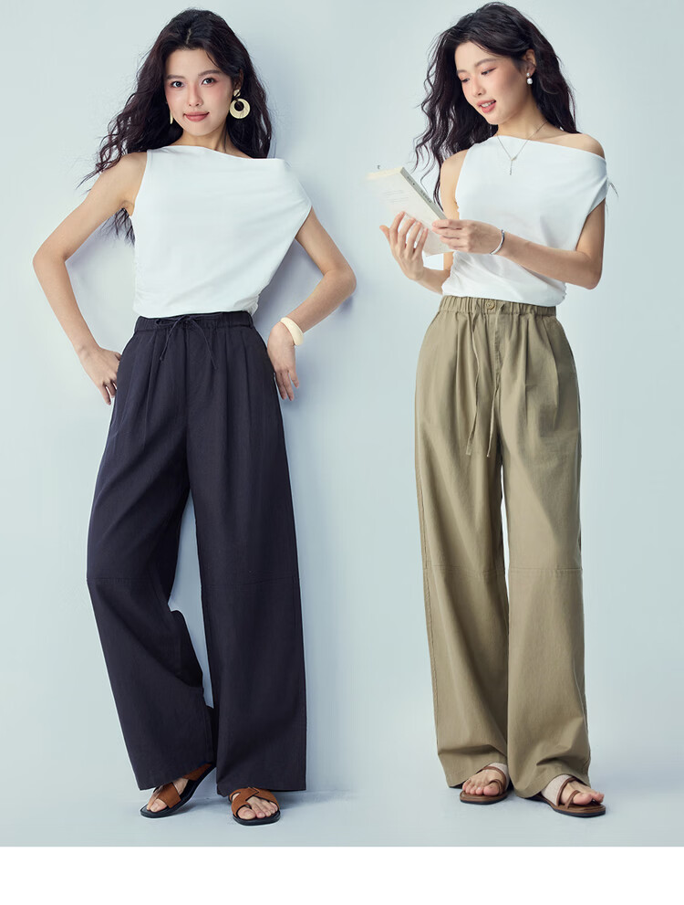 Giordano Women's Summer Linen Pants Cotton Linen Elastic Waist Loose Straight Casual Trousers 05416311 9