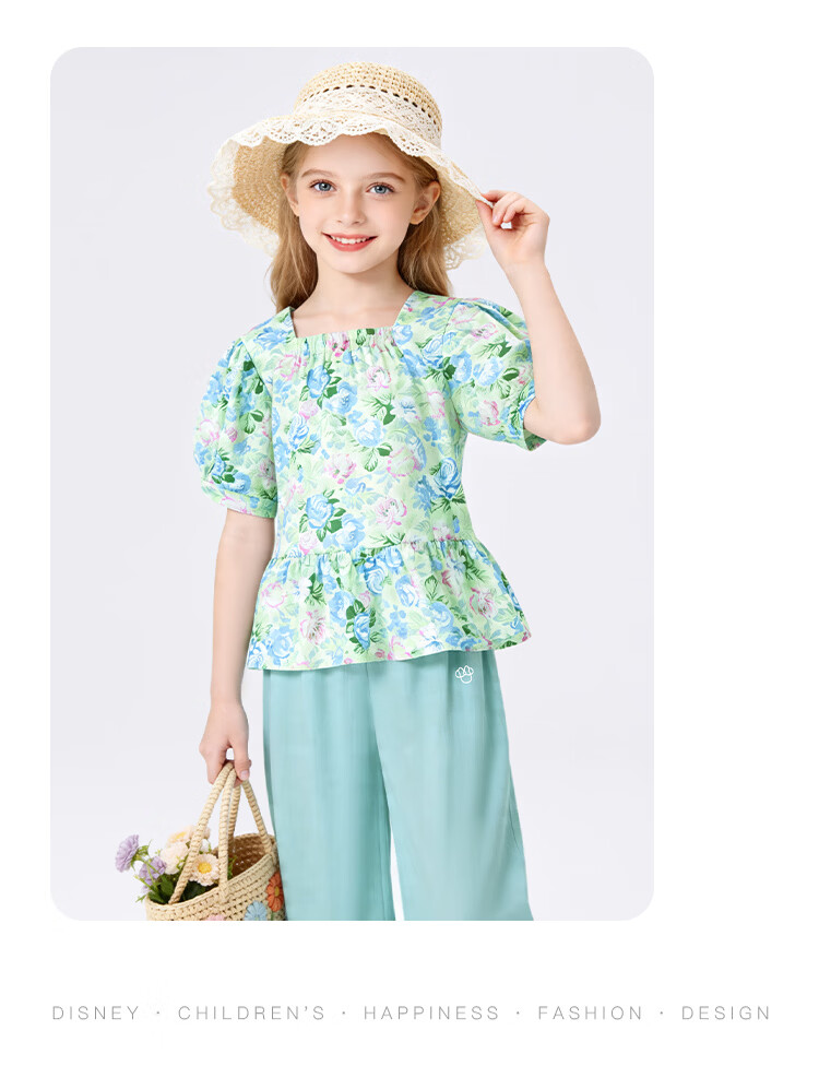 Disney Girls' Short Sleeve T-Shirt Set Summer Floral Cotton Top Two-Piece Light Blue 110 19