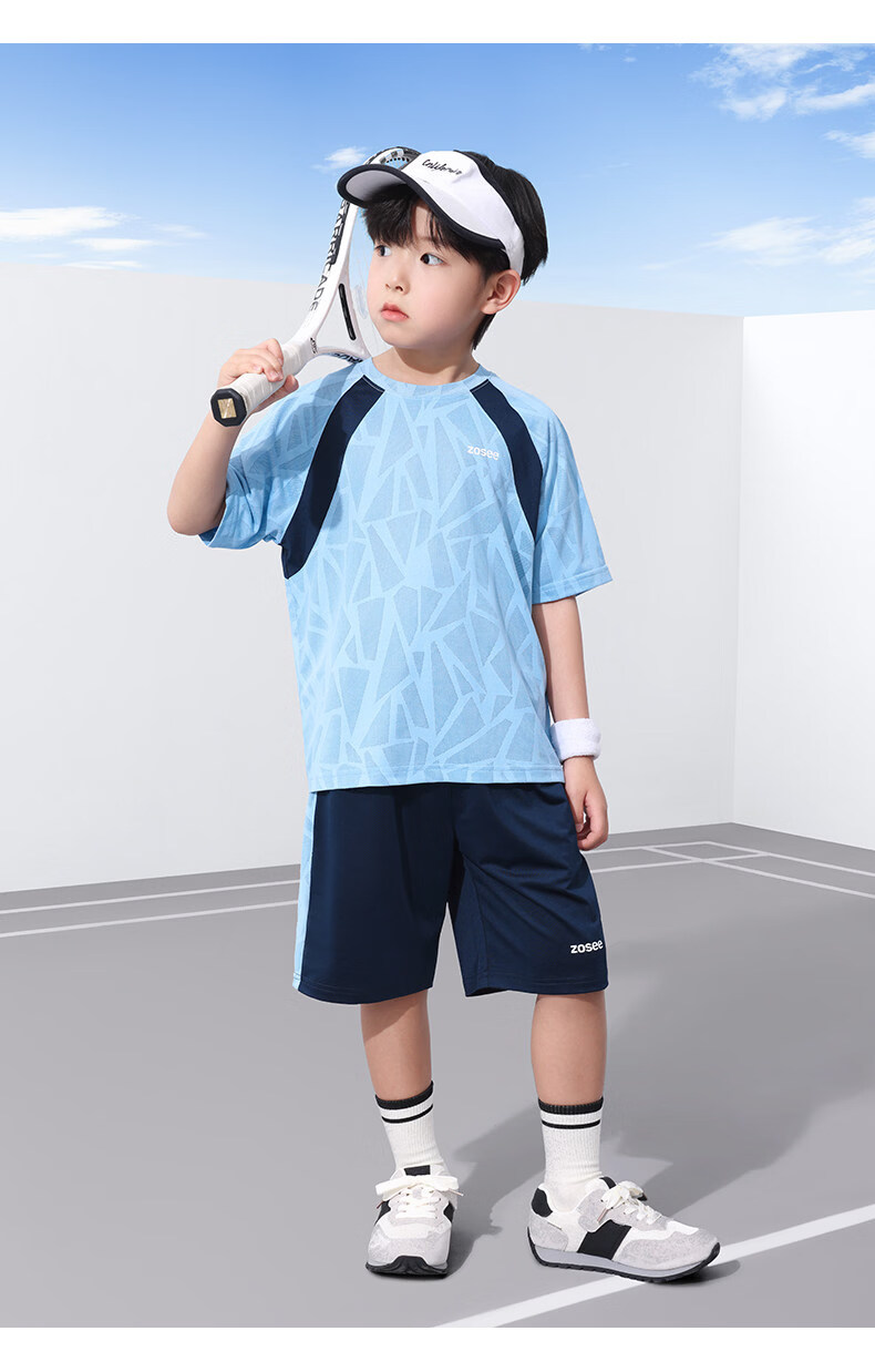 Zuoxi Boys' Summer Outfit Set, 2026 New Style Children's Short-Sleeve Set, Quick-Dry Sports Two-Piece Suit for Summer, Blue, Size 160 25