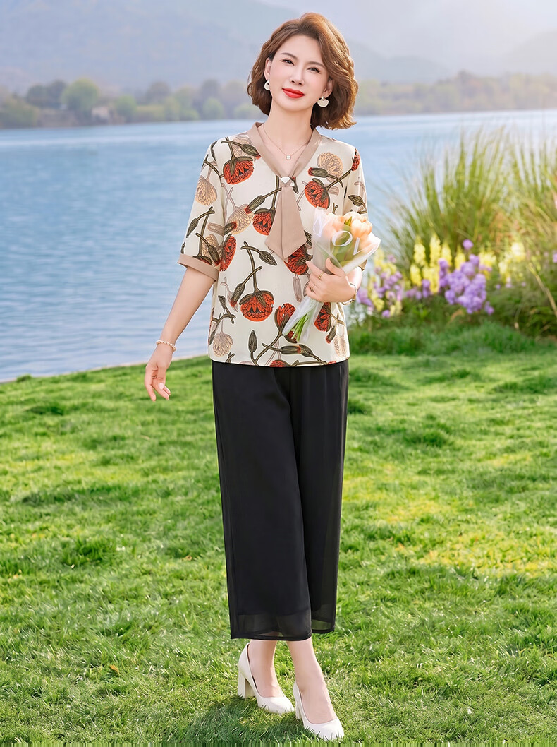 Fengxiao Summer Set for Women 2026 New High-End Stylish Shirt for 50-60 Year Old Trendy Middle-Aged Moms 10