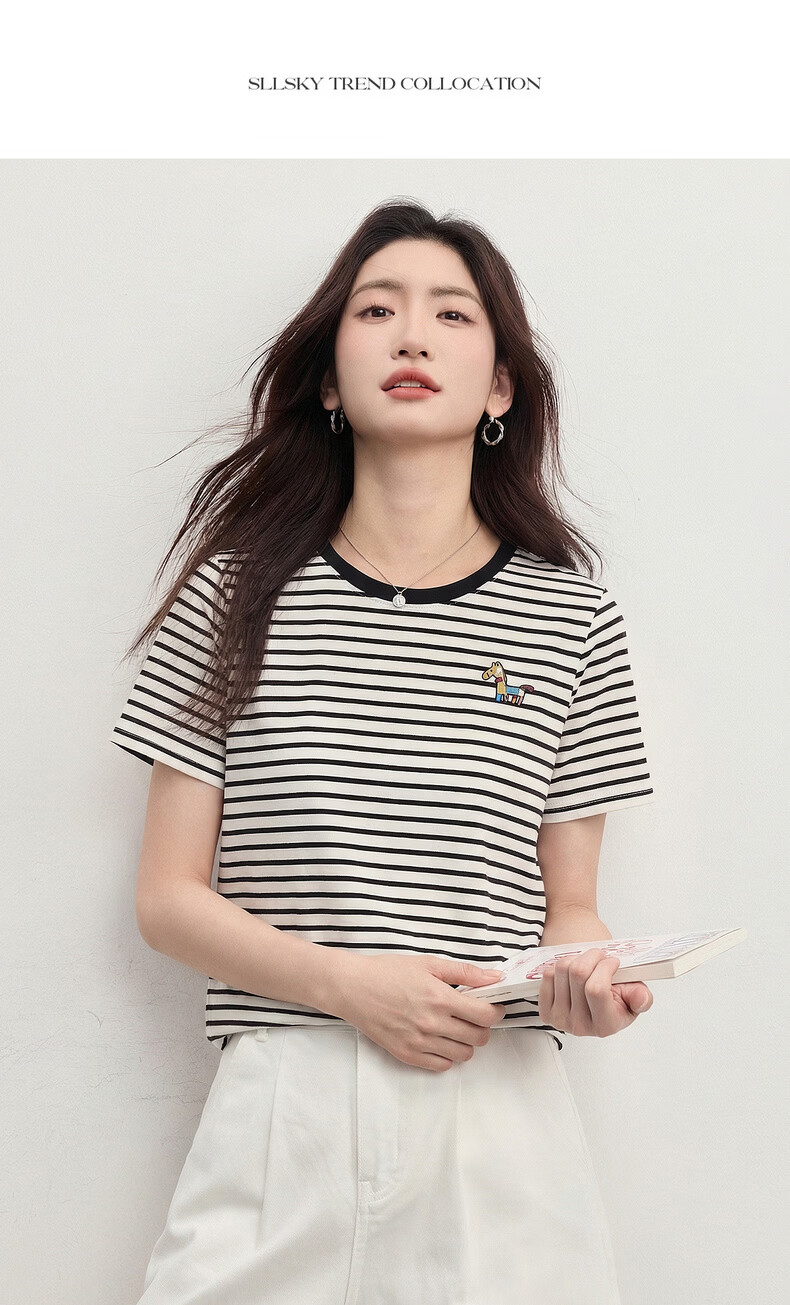 Sllsky Nautical Stripe Short Sleeve T-Shirt Women Summer 2026 New Casual Fashion Colorblock Crew Neck Shoulder Top 20