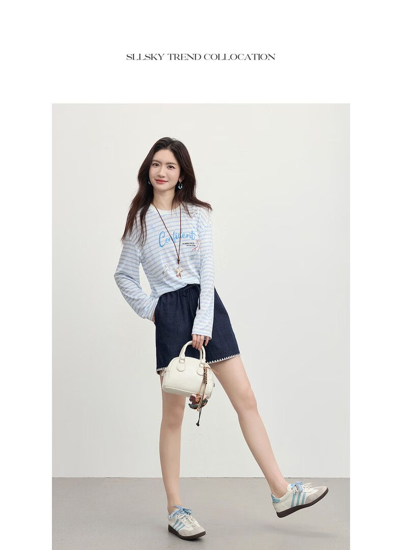 Sllsky Colorblock Shell Embroidered A-Line Denim Shorts for Women Summer Elastic Waist Vintage Petite Casual Wide-Leg Pants 17