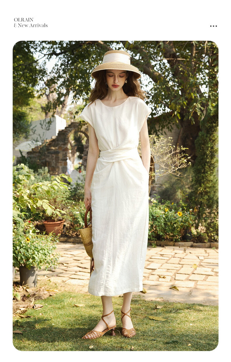 Olrain Lyocell Linen | Olrain Summer Women's Dress French Style Tie Dress Off-White L 2