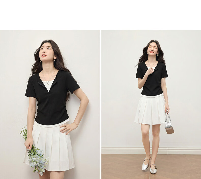 Sllsky Women's Summer 2026 New Slim Fit Shoulder Pleated Waist Short Sleeve Two-Piece Style T-Shirt 21