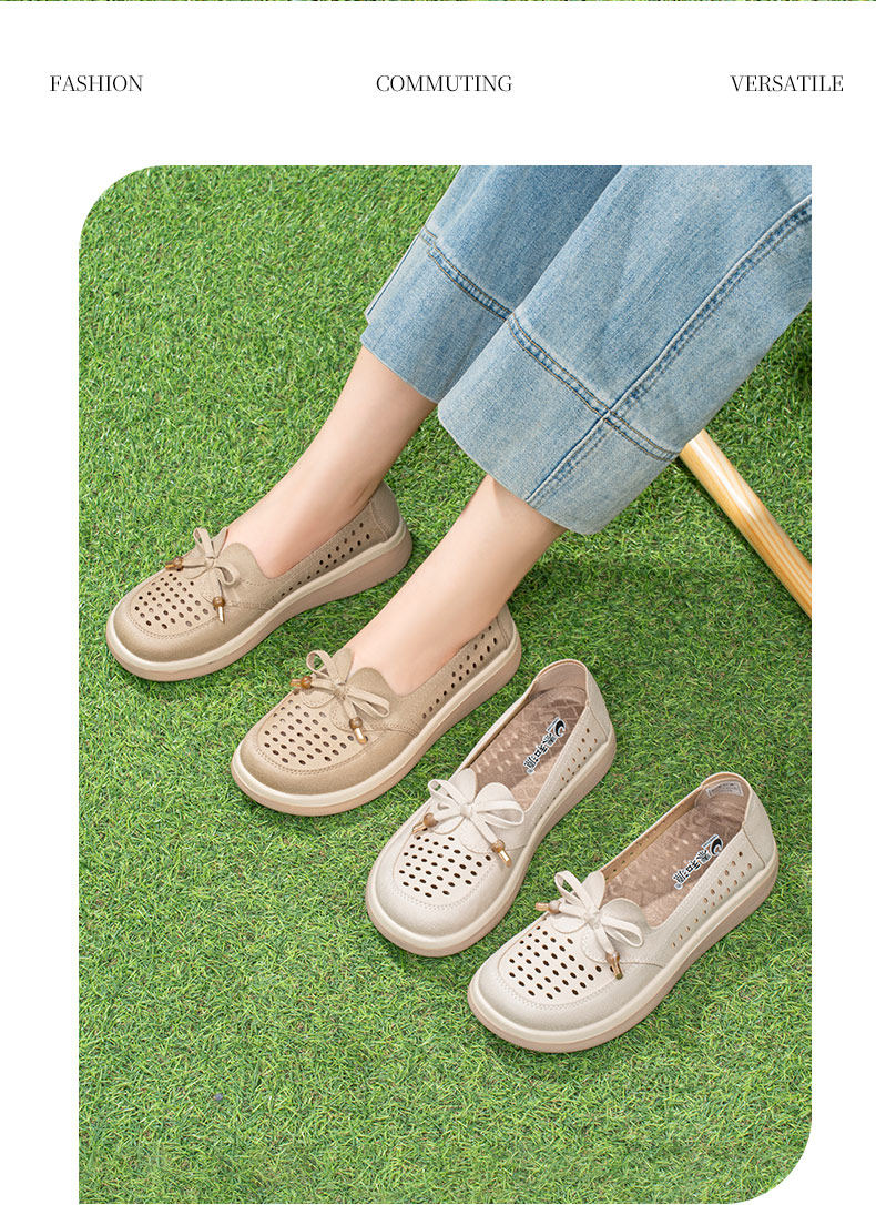 Taiheyuan Old Beijing Women's Summer Hollow Breathable Flat Soft Sole Slip-On Shoes Mom Shoes Beige Gray Size 38 18