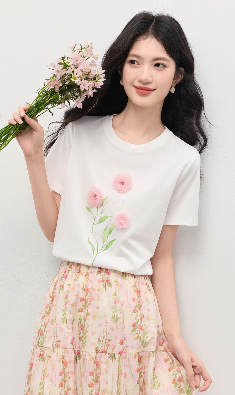 Sllsky Artistic 3D Floral Short Sleeve T-Shirt for Women 2026 Summer New Casual Loose Printed Cool Top 2