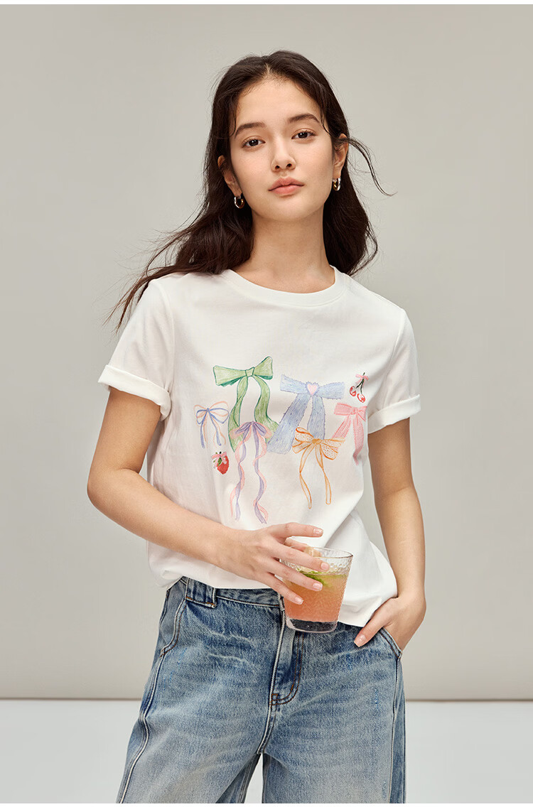 INMAN INMAN [Runway Style] Bow Print Round Neck T-Shirt, Summer 2026 Women's Short-Sleeve Top, White, Size L 15