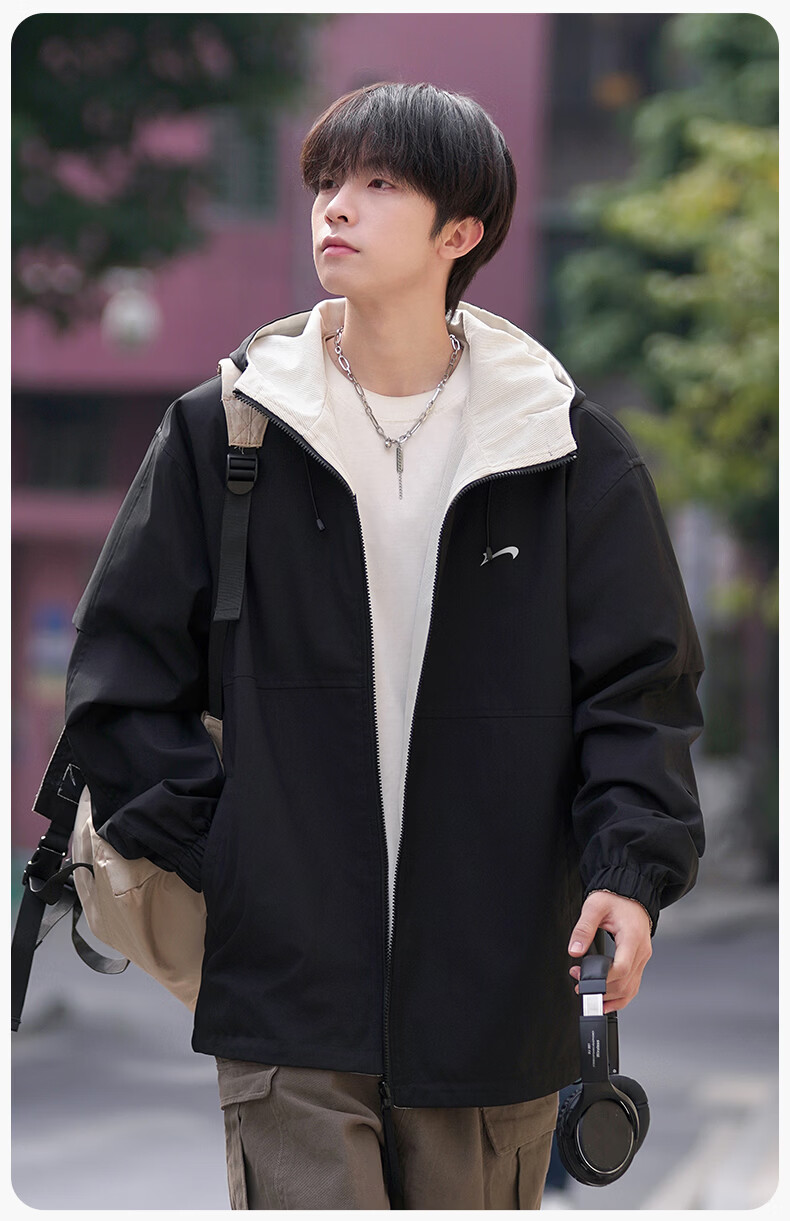 Guirenniao Reversible Jacket Men Spring Autumn New American Workwear Hooded Jacket Men Clothing Yao Ye Black S 18