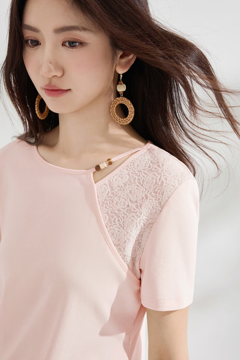 Shangdu Bila Gentle Elegant Cotton Blend T-Shirt Women Summer Beaded Round Neck Lace Splice Stretch Knit Short Sleeve Top 13