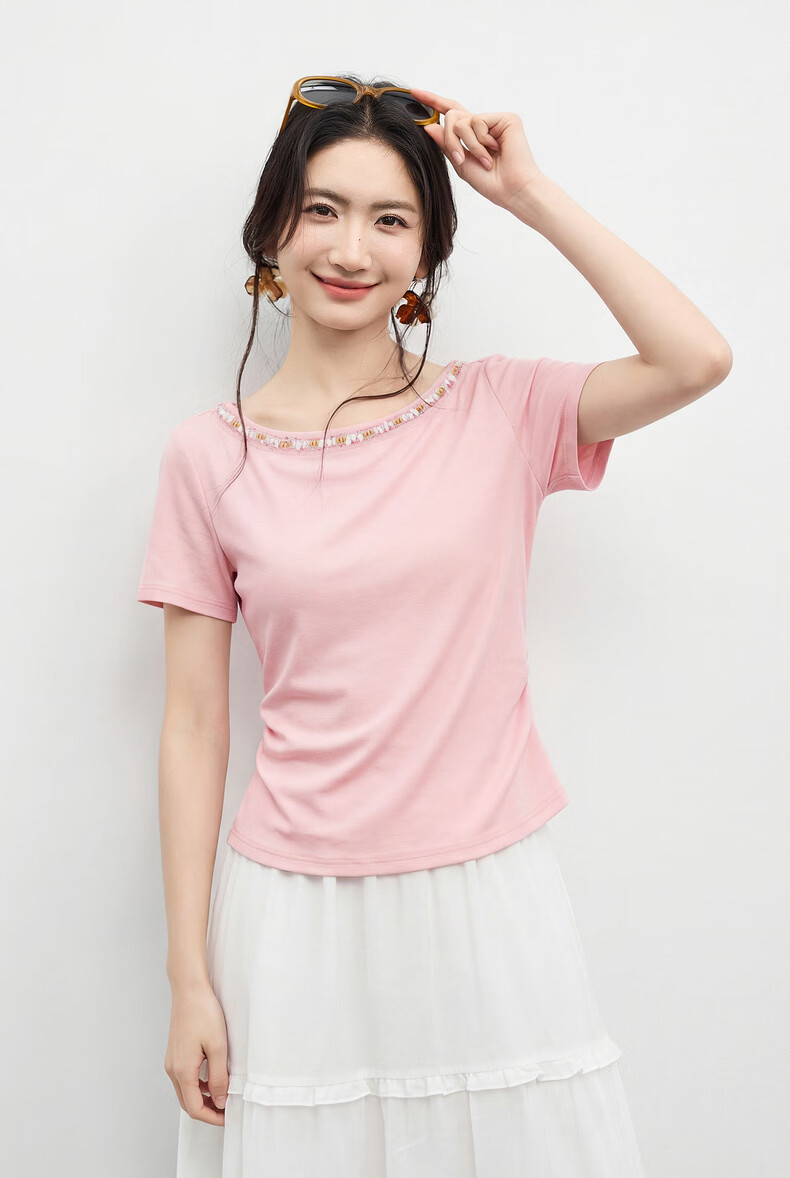 Shangdu Bila Korean Style Elegant Cotton Blend T-Shirt Women Summer Beaded Lace Round Neck Knit Top Slim Fit Short Sleeve Inner Wear 19