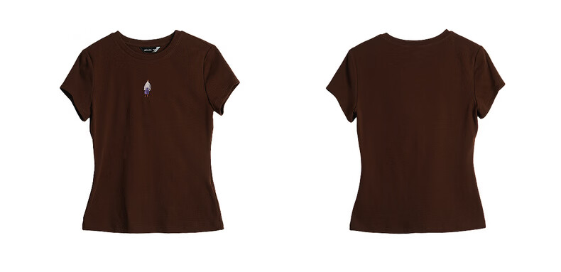 Olrain Summer New Casual Color-Block Heavy Embroidery Ribbed Crew Neck Short Sleeve T-Shirt for Women Brown L 17