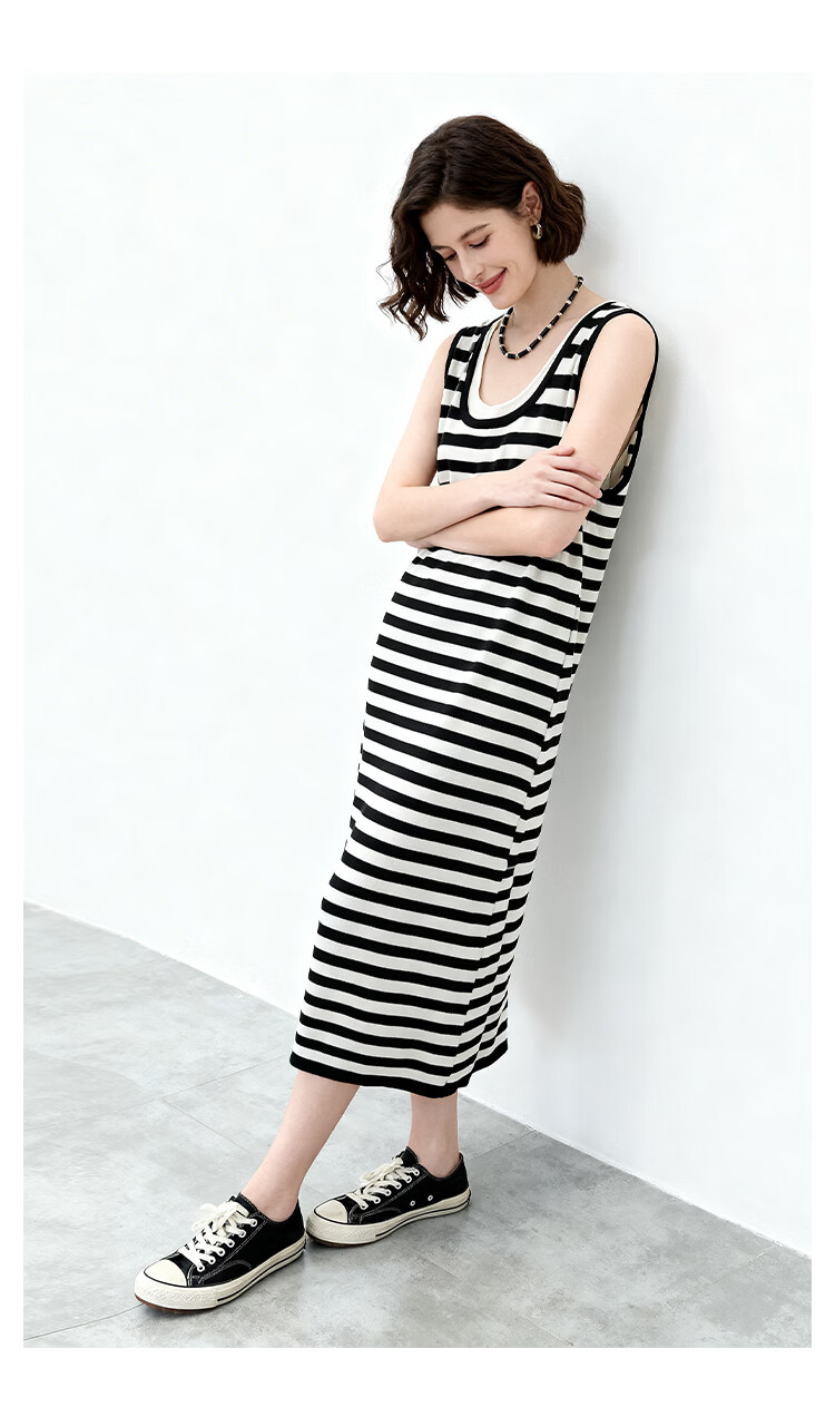 ENC Black and White Striped Vest Dress Loose Straight Fit Youthful 2026 Women's Spring Summer Casual Workwear Versatile Dress 17
