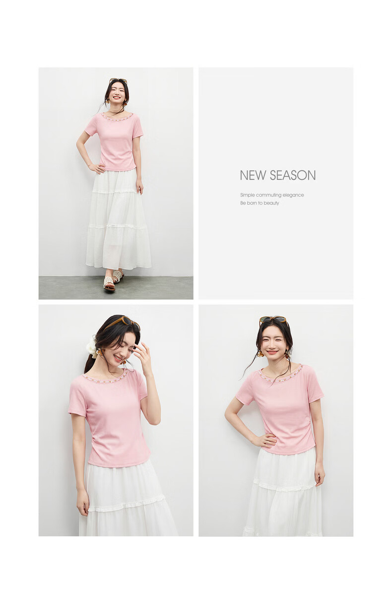 Shangdu Bila Korean Style Elegant Cotton Blend T-Shirt Women Summer Beaded Lace Round Neck Knit Top Slim Fit Short Sleeve Inner Wear 31