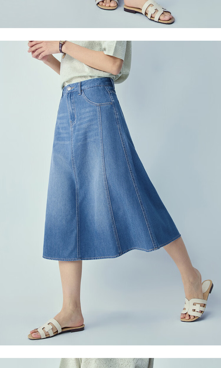 Giordano Women's New Lyocell Cool A-Line Denim Skirt Ripped Denim Midi Skirt 13466218 18
