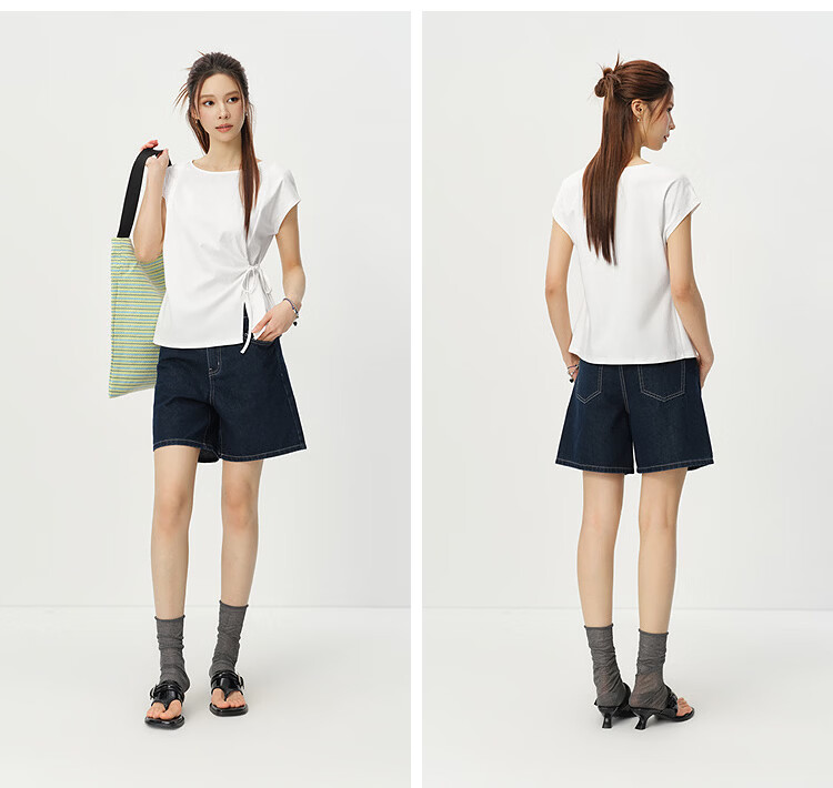 Semir Senrou Women's Summer T-Shirt Off-Shoulder Bow Split Pure Cotton 2026 Gentle Style 109326100010 22