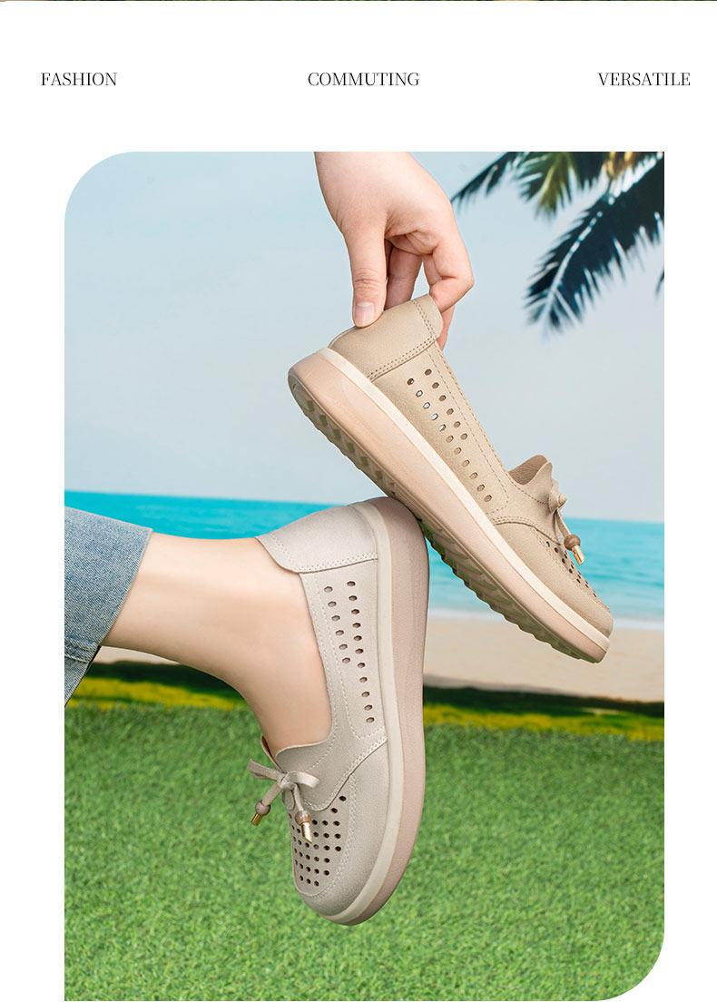 Taiheyuan Old Beijing Women's Summer Hollow Breathable Flat Soft Sole Slip-On Shoes Mom Shoes Beige Gray Size 38 16