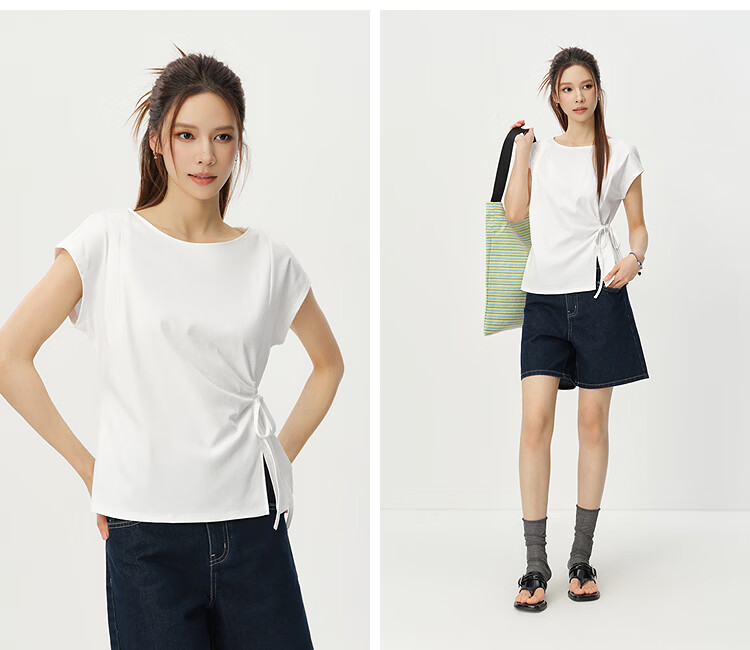 Semir Senrou Women's Summer T-Shirt Off-Shoulder Bow Split Pure Cotton 2026 Gentle Style 109326100010 12