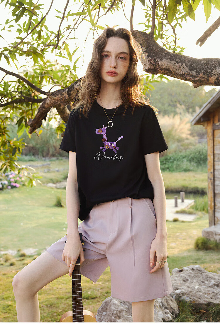 Olrain Women's Casual Commuter Cotton Short Sleeve T-Shirt with Pony Print Summer New Round Neck Top Black L 1