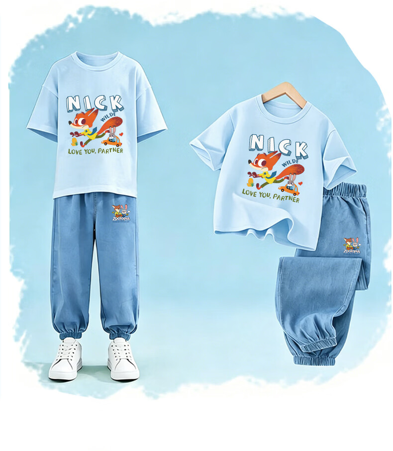 Disney Boys' Summer Set Short Sleeve Tencel Animal White T-Shirt + Rabbit Fox Dark Blue Denim Pants Size 150 8