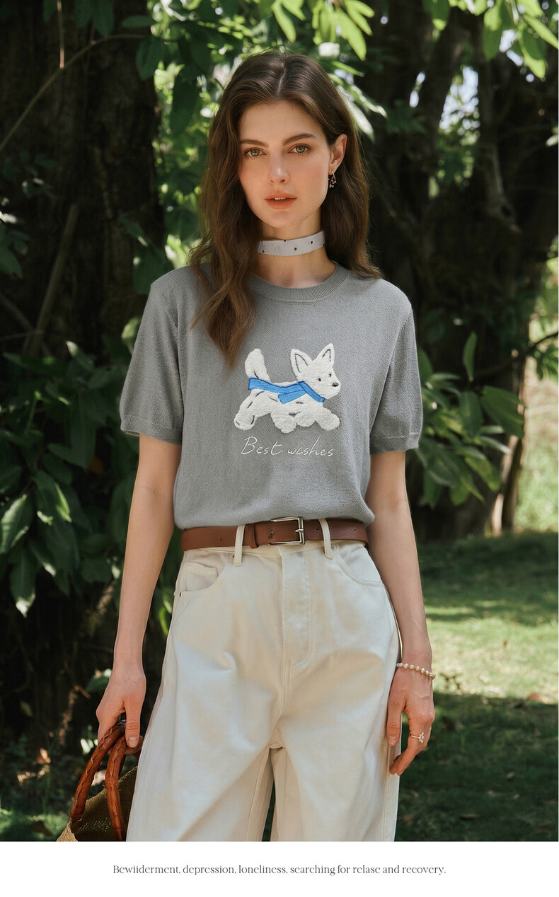 Olrain Eurielle Summer New Jacquard Dog Round Neck Short Sleeve Knit Sweater Women Trendy Casual Top Gray S 8
