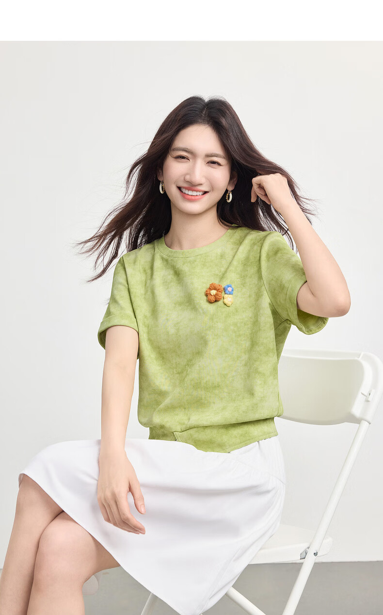 Sllsky Handmade 3D Crochet Tie-Dye Short Sleeve T-Shirt Women Straight Shoulder Crew Neck Cropped Top 2026 Summer New Arrival 16