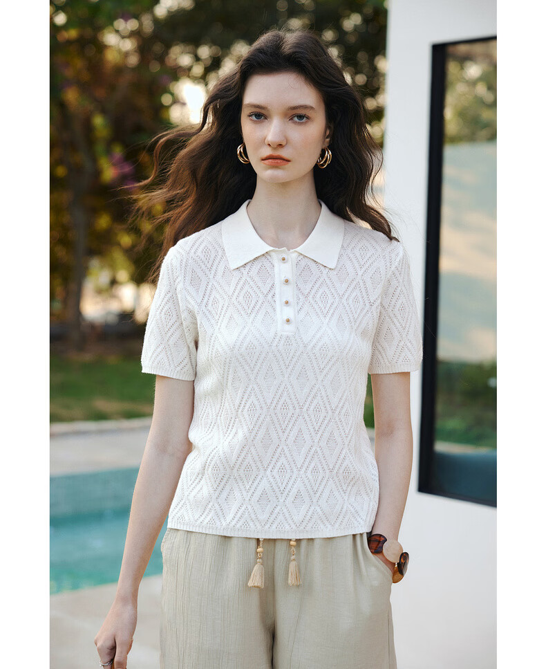 Olrain Summer New POLO Collar Commuter Rhombus Jacquard Knit Sweater for Women White L 12