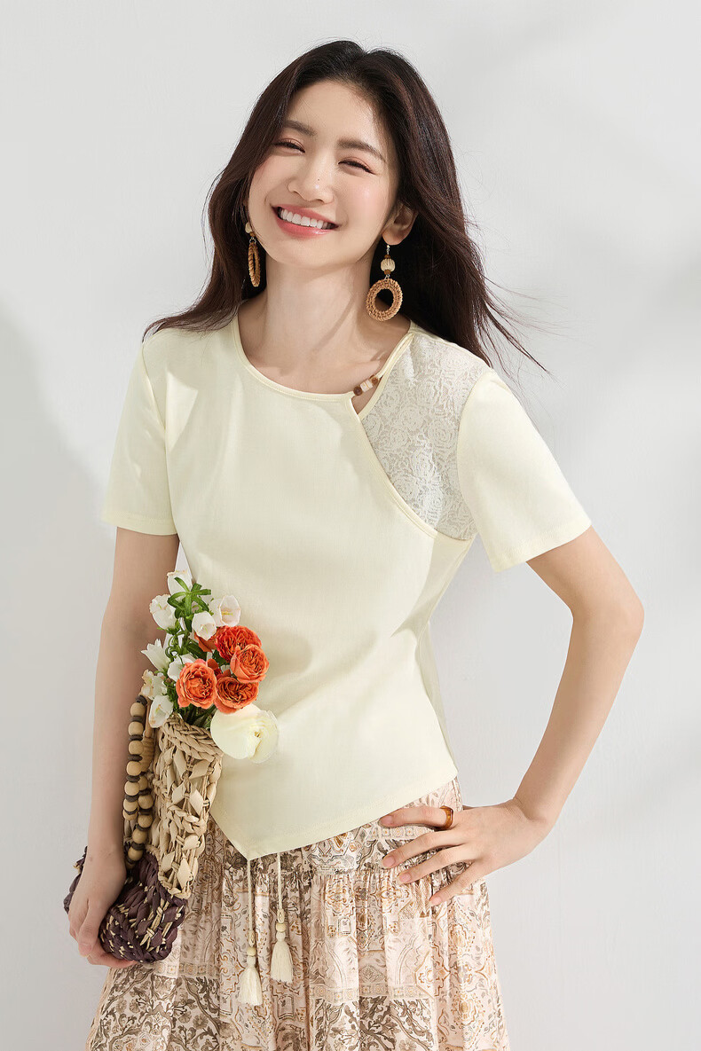 Shangdu Bila Gentle Elegant Cotton Blend T-Shirt Women Summer Beaded Round Neck Lace Splice Stretch Knit Short Sleeve Top 15