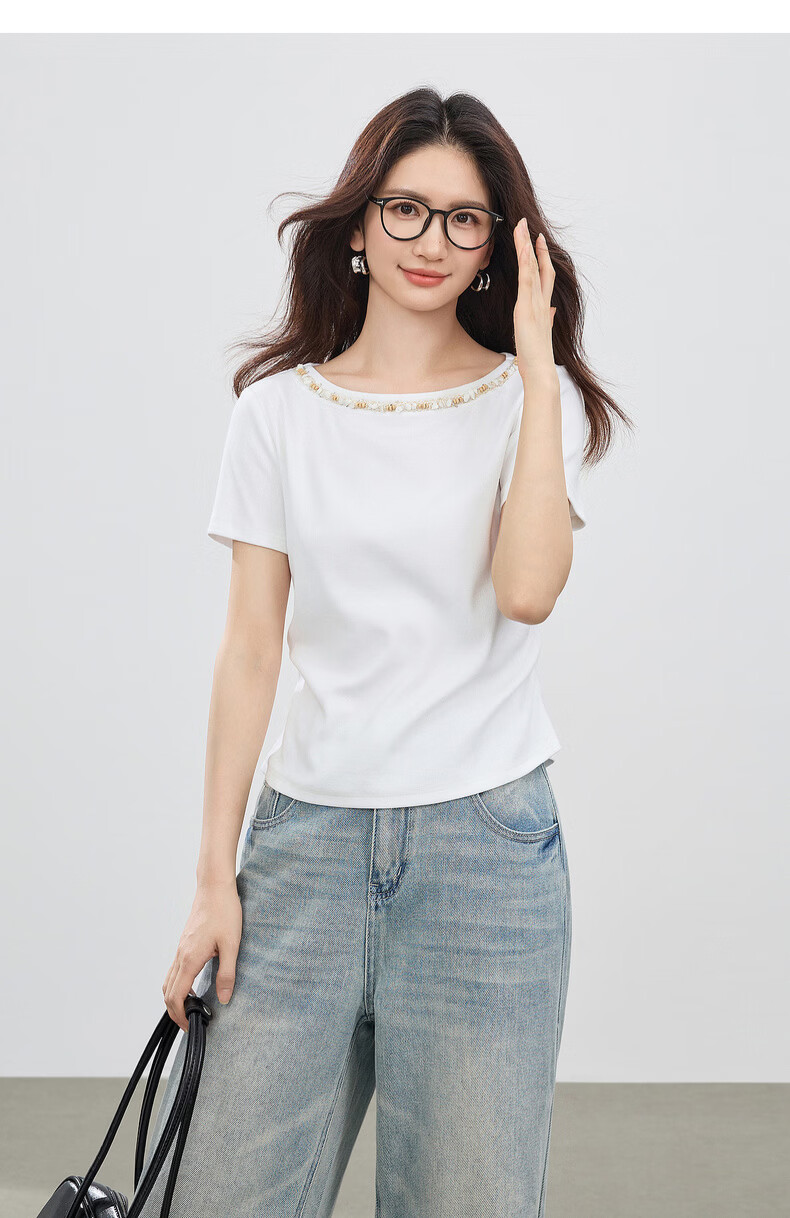 Shangdu Bila Korean Style Elegant Cotton Blend T-Shirt Women Summer Beaded Lace Round Neck Knit Top Slim Fit Short Sleeve Inner Wear 35