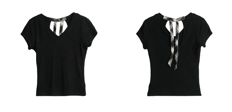Olrain Eurielle Summer New Classic V-Neck Back Hollow Slim Short Sleeve T-Shirt Women Casual Top Black S 20