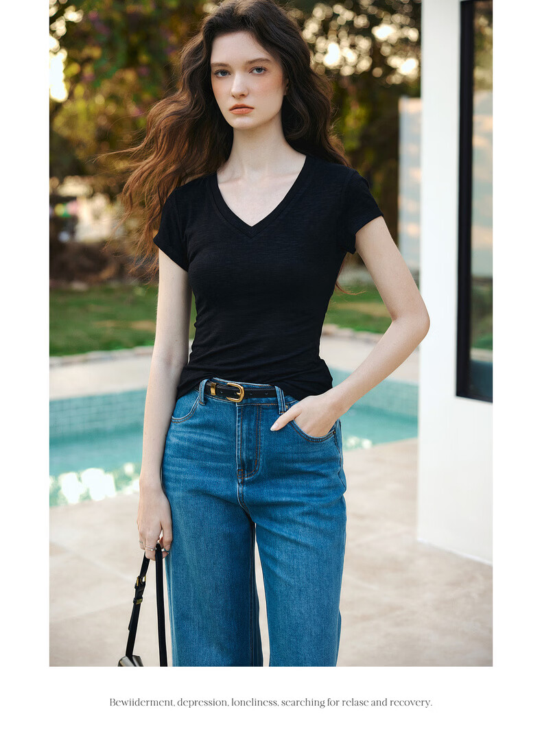 Olrain Eurielle Summer New Classic V-Neck Back Hollow Slim Short Sleeve T-Shirt Women Casual Top Black S 13