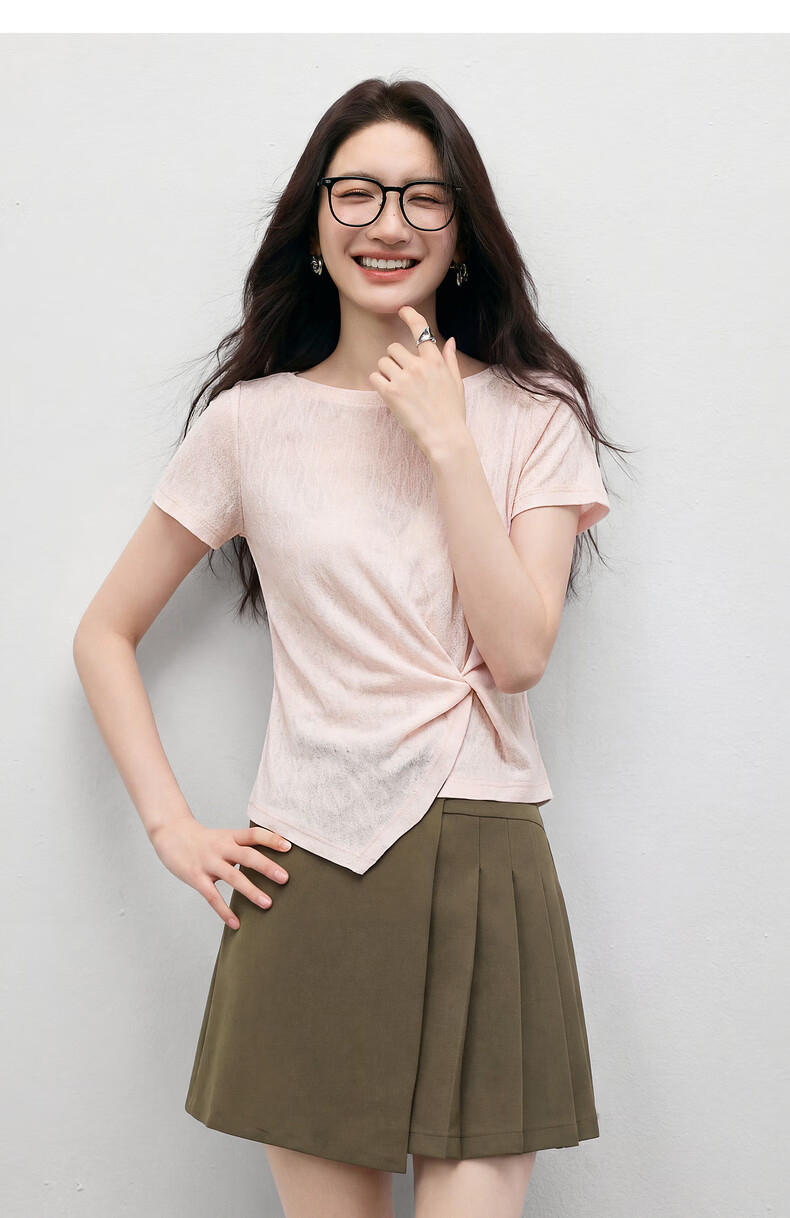 Shangdubila Tailored Twist Fashion T-Shirt Women Summer Off-Shoulder Irregular Slim Fit Stretch Textured Knitwear 20