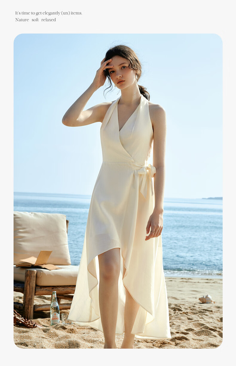 Olrain French Style Halter V-Neck Adjustable Waist Tie Mid-Length Dress for Women Summer Apricot M 7