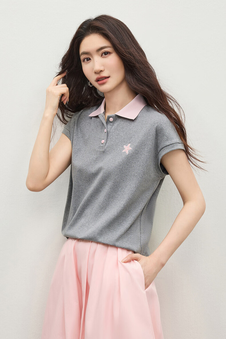 Shangdu Bila Korean Style Colorblock Cotton Polo Collar T-Shirt Women Summer Three-Button Knit Top Loose Slimming Youthful Layering 11
