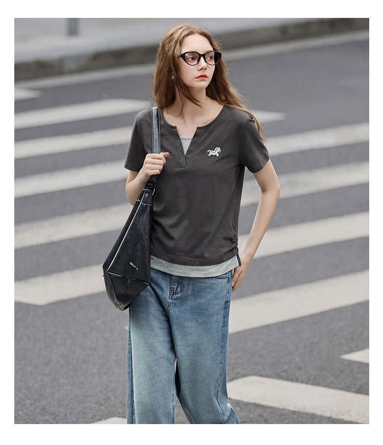 TonLion 2026 Summer Women's Color-Block Short Sleeve T-Shirt, Faux Two-Piece Spliced Casual Versatile Premium Women's Tee 5