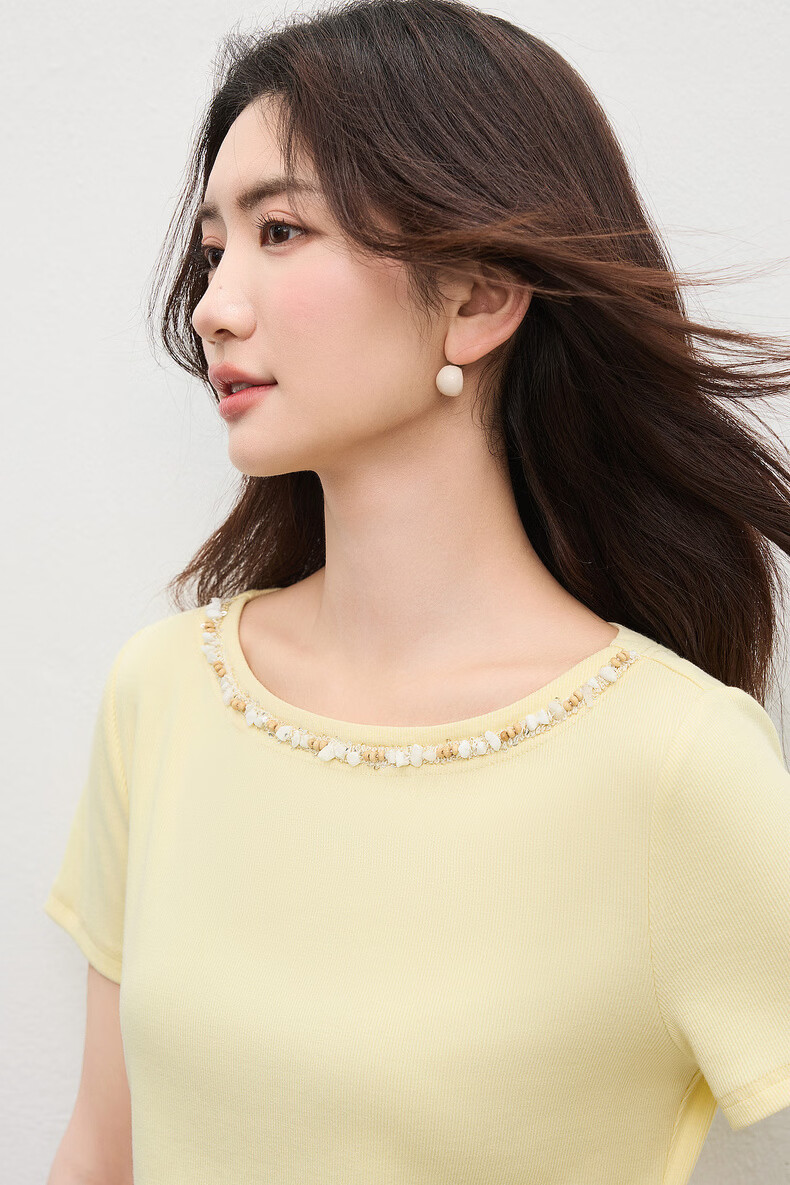 Shangdu Bila Korean Style Elegant Cotton Blend T-Shirt Women Summer Beaded Lace Round Neck Knit Top Slim Fit Short Sleeve Inner Wear 14