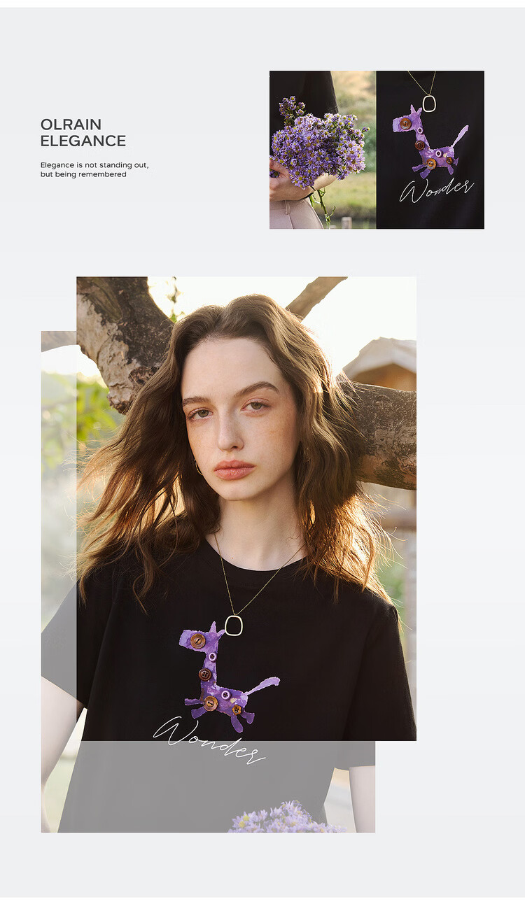 Olrain Women's Casual Commuter Cotton Short Sleeve T-Shirt with Pony Print Summer New Round Neck Top Black L 7