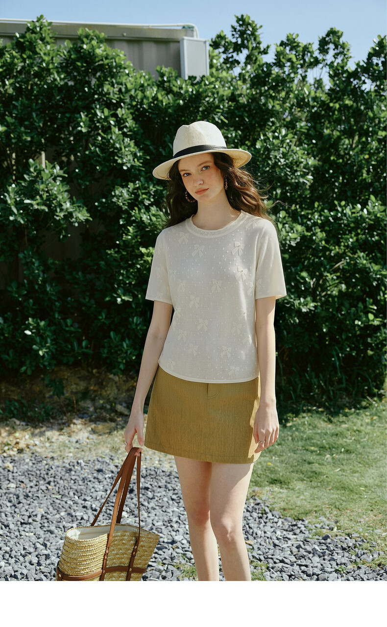 Olrain Summer New Bow Jacquard Pearl Embellished Short Sleeve Knit Top for Women Off-White XL 8