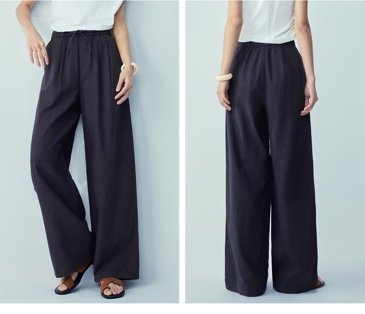 Giordano Women's Summer Linen Pants Cotton Linen Elastic Waist Loose Straight Casual Trousers 05416311 14