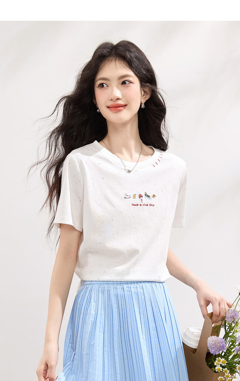 Sllsky Ice Cotton Color Dot T Cool Short Sleeve T-Shirt Summer Women's Fashion Round Neck Embroidered Shoulder Top 16