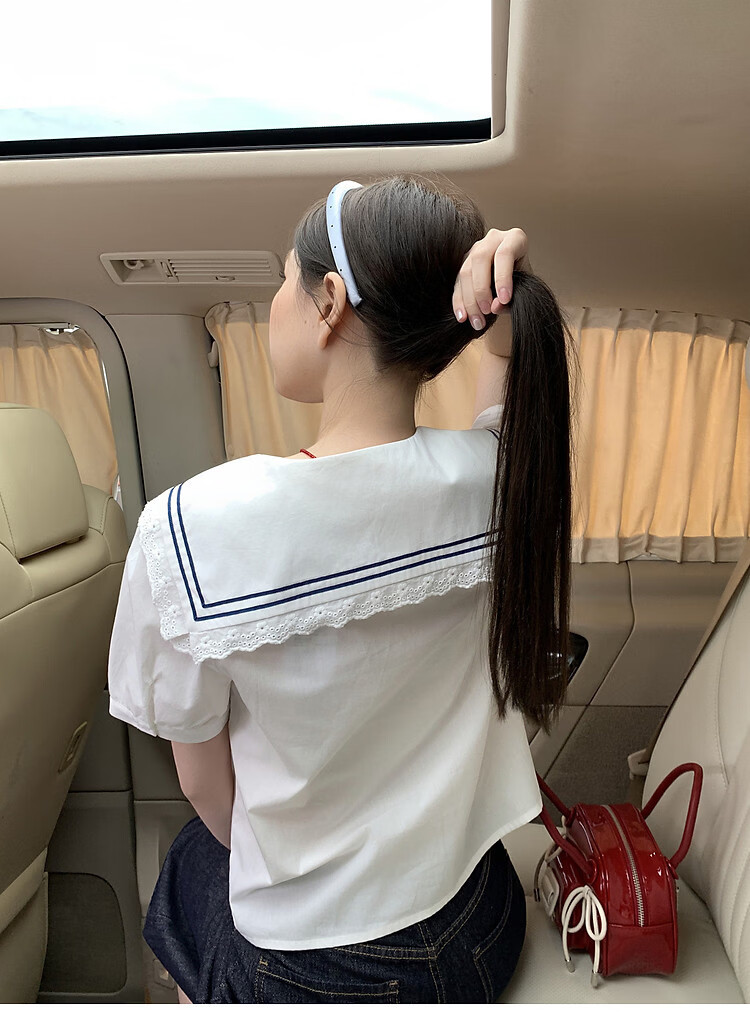 TonLion 2026 Summer Women's Short Sleeve Shirt College Style Youthful Simple Design Navy Collar Short Sleeve Shirt 11