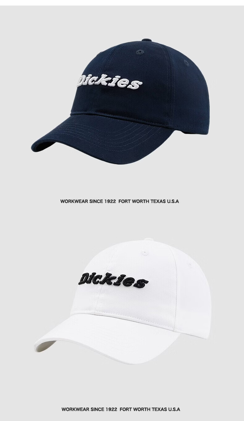 Dickies Soft Top Duckbill Cap with Letter Embroidery Unisex Large Head Circumference Slim Face Sunshade Outdoor Baseball Hat Black 12