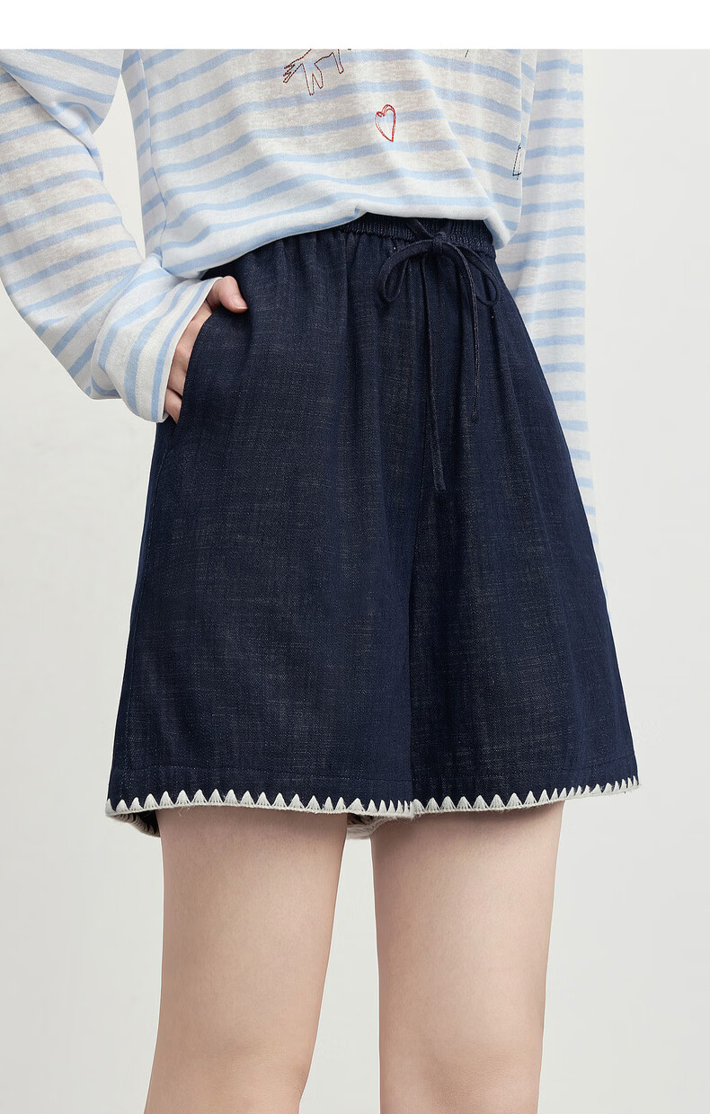 Sllsky Colorblock Shell Embroidered A-Line Denim Shorts for Women Summer Elastic Waist Vintage Petite Casual Wide-Leg Pants 19