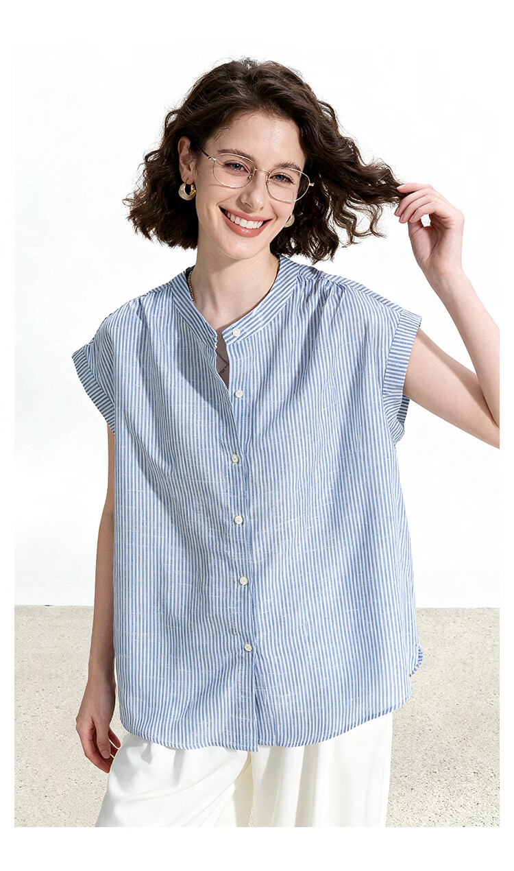 ENC Japanese Style Flutter Sleeve Shirt Summer Girl Fresh Short Sleeve Blue Striped Lazy Feel Shirt Design Top 11