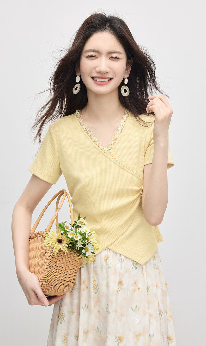 Sllsky Lace Trim V-Neck Short Sleeve T-Shirt Summer Women's Petite Irregular Slim Waist Cropped Top 2
